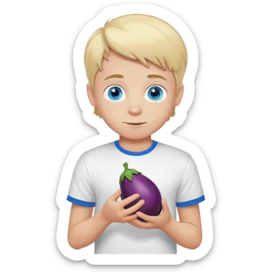 blonde boy with blue eyes with t shirt "I love Marek" and eggplant sticker