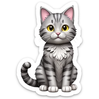 cinematic-[grey tabby cat]-realistic-full-body-sitting-emoji,-tail-curled-playfully-around-its-paws,-head-tilted-dramatically,-scruffy-[grey]-fur,-simplified-yet-realistic-focused-features,-highly-detailed,-glowing-with-an-almost-sarcastic-glow sticker