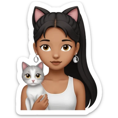 An brown skin Teenager girl with brown eyes, long black hair in one high ponytail, with a white crop top holding her grayish-white cat, and small silver earrings sticker