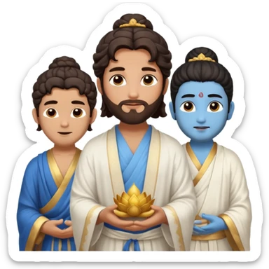 Create a Jesus - men long wavy dark-brown hair, short beard, wearing a simple white robe., Krishna- men blue skin with dark curled hair , and Buddha standing together. Buddha: men warm golden or light tan skin, dark curled hair with a traditional top bun (ushnisha)

 sticker