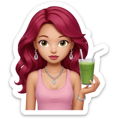 a pretty fair bratz girl with wavy dark red hair, wearing a pink tank top . silver dainty layered necklaces, carrying a matcha sticker