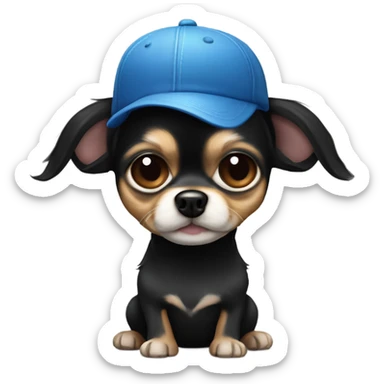 cute all black long haired Chihuahua held by old blue eyes man with goatee and ball cap sticker