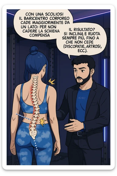 fai questa immagine in versione manga/webtoon a colori, il manga mostra la donna di spalle, mentre l'uomo le tocca la spina dorsale per spiegarle come funziona la scoliosi:
Con una scoliosi il baricentro corporeo cade maggiormente da un lato; per non cadere la schiena compensa accumulando tensione sul fianco opposto.
Il risultato? Si inclina e ruota sempre più, fino a che non cede (discopatie, artrosi, ecc) sticker
