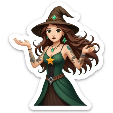 forest witch woman long wavy brown hair tattoos tossing star seed sticker