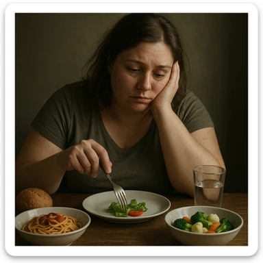 hyper realistic woman who lost confidence and time due to poor diet results, disappointed and tired expression, melancholic atmosphere, realistic details, scene at table with food sticker