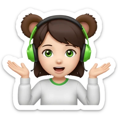 Animated emoji, Chibi girl, dark brown hair, green eyes, wearing a white shirt and small brown bear ears on a black headset, with wide happy surprised eyes and mouth and clapping excitedly sticker