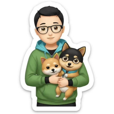 A yellow skin boy, black hair, buzzcut hairstyle, wearing tortoiseshell eyeglasses, green hoodie with zippers, light blue shirt inside, black trousers, black belt, hugging a very cute little black shiba inu sticker