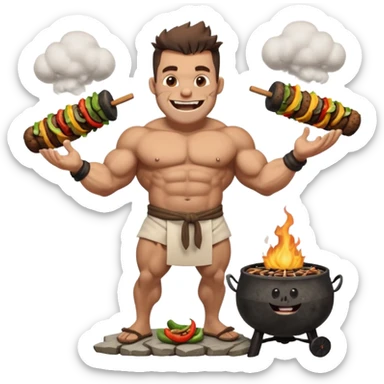 ork male master chef flipping huge kebabs on stone barbecue, muscular, loincloth or shorts, big tusked grin, smoke, centered emoji sticker