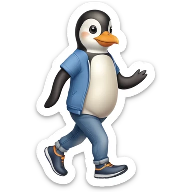 friendly anthropomorphised penguin in jeans and a t-shirt jogging upright standard pose no sunglasses sticker