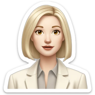 pale skin woman with ash blonde Straightened bob Hair, White Spacious classical jacket, beige palazzo Arrow pants and gray blouse holding white IPhone 15 pro in the hands sticker