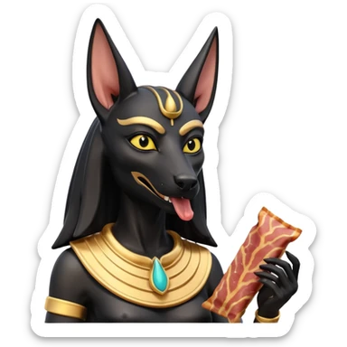  Friendly Short-eared Black fur beautiful female alien anubis statue posed biting on store-brand bacon packaging  sticker