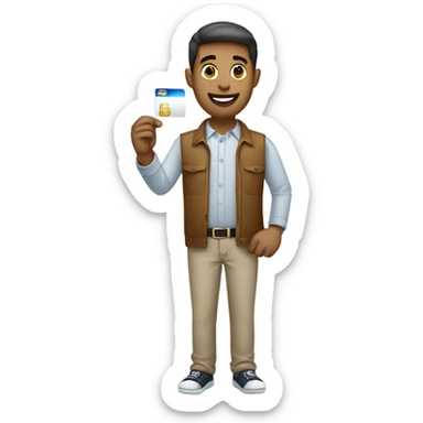white guy in business casual look showing a credit card  sticker