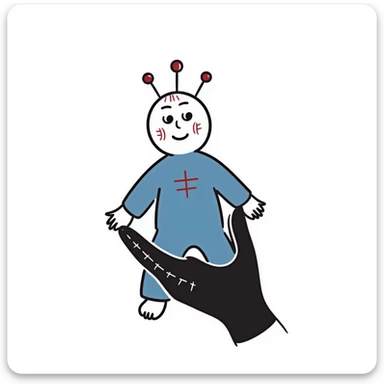 A hand-drawn voodoo doll with Carolina blue fabric and red thread stitches, looking slightly creepy with pins sticker