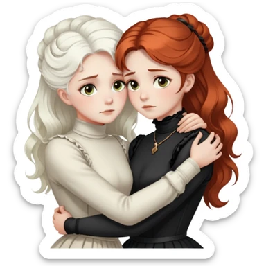 two Victorian women with light eyes, one with bright white coiffed hair and one with dark copper coiffed hair, wearing Victorian turtleneck dresses, embracing in a sad, intimate hug sticker
