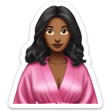 Tanned woman with long black hair wearing a silk pink Victoria’s Secret robe sticker