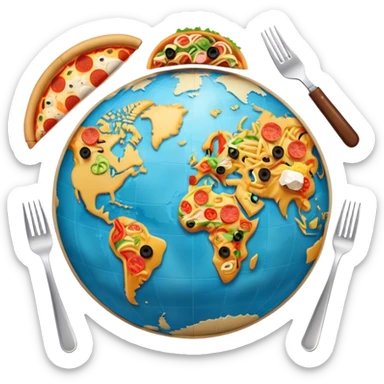 Icon for Gastronomic Tourism: a globe with various cuisines from around the world, such as pizza, sushi, tacos, and pasta, surrounded by food-related travel elements like a fork, knife, and map. Transparent background. sticker