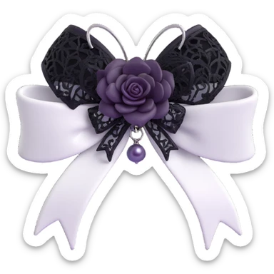 3D emoji gothic bow, white leather, silver spider brooch, black rose center, black lace trim, dark pearl details sticker