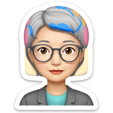 Chinese lady in her 50s with short grey hair and glasses sticker