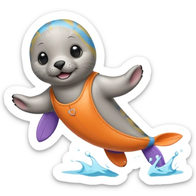 A cute seal pup with floaties on both flippers, kicking excitedly near lane markers. sticker