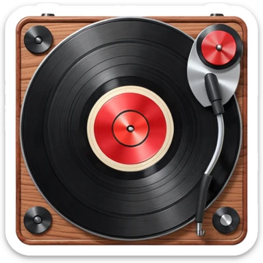 3D render of Vinyl Record, vintage 1980s audio equipment aesthetic, tactile analog buttons, shiny black grooved disc with a red center label, mixed wood grain and brushed aluminum textures, Apple emoji style, isolated on white background --v 6.0 sticker