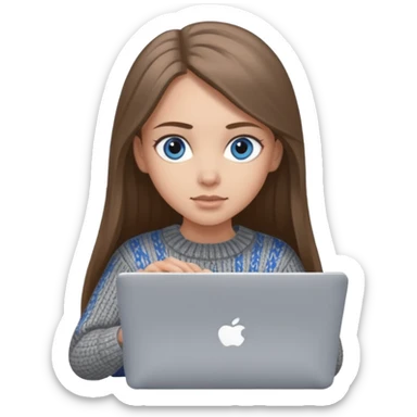 moji of a cute 3D girl with long straight brown hair and big blue eyes, wearing a grey knitted sweater. She is typing on a silver MacBook laptop, white background. sticker