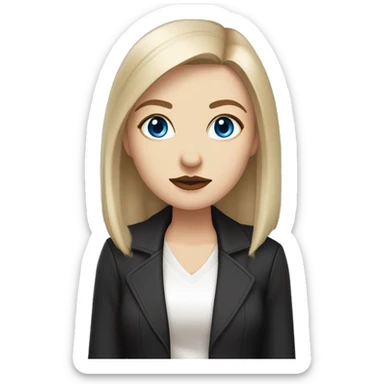 Slavic woman with blue eyes, fair skin, straight gradient from brown to blonde medium bob hair, goth eyes makeup, beige lips, dressed in white T-shirt and office black jacket. sticker