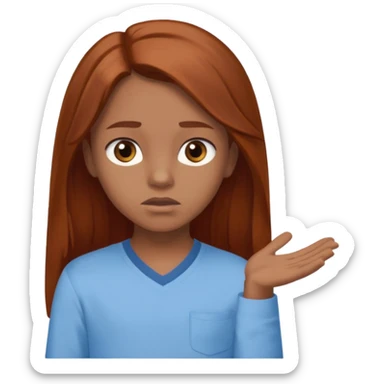 shrugging emoji brown eyed tween long auburn hair light blue shirt with a darker blue L sticker