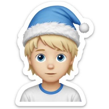 create boy blonde hair long messy, light eyes, white t shirt, rich, long hair, eyes blue, acessory head cristimas blue hat, fluffy hair medium long sticker