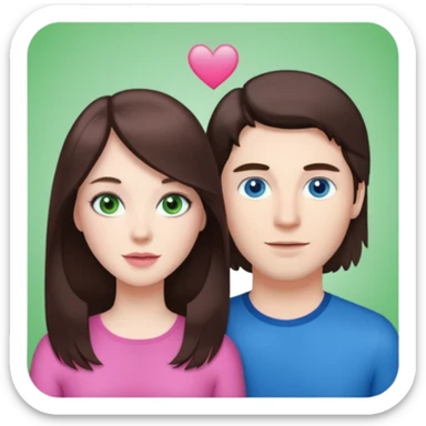 pink polaroid photo of a couple thats white with long brunette hair blue eyes and a white guy with short brunette hair and green eyes sticker