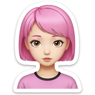 An Asian girl with pink short hair, big eyes, thick eyebrows, and long eyelashes;  sticker