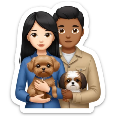 A beautiful Asian girl with long black hair is holding a small Yorkshire Terrier. She is standing next to her brown skinned boyfriend, who is holding a Shih Tzu. They are each holding one dog each sticker