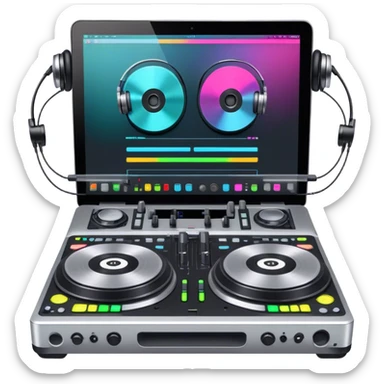 Create a professional and technical emoji that represents remixing music. The design should feature a high-end DJ controller, turntables with vinyl records, and a sound mixing console with faders to symbolize the technical aspects of remixing. Include elements like studio headphones and a laptop or digital audio workstation (DAW) screen to reflect the tools used in music production. Use colors like black, silver, and neon accents to convey the professional, high-tech nature of remixing. The background should be transparent. sticker