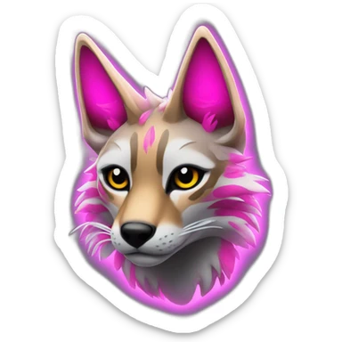 Coyote ocelot with grey and black fur and phoenix wings and pink ears, neon lights sticker