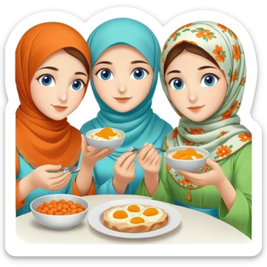 Four sister Turkish girls beautiful finish Konya blue eyes with orange floral hijab and light green dress and make turkish Breakfast sticker