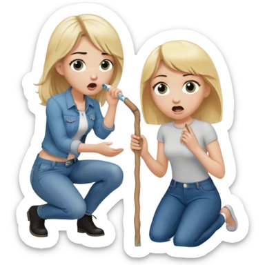 blond woman sitting on her knees with wide eyes, another man in jeans stands on her left, she's holding a wide skin-colored stick with a D-shaped knob, the stick and the nob have skin texture, water squirting from the knob into her mouth, shocked face sticker