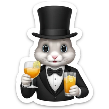 rabbit wearing suit, bowtie and top hat, holding glass of drink sticker