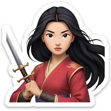 Cinematic Realistic Mulan Portrait, depicted with lifelike skin texture, soft natural lighting, and intricately detailed long black hair styled elegantly. Her deep, expressive eyes exude determination and grace, complemented by a serene yet confident expression. She stands with one hand resting on the hilt of her sword, the other by her side, exuding strength and poise. She is dressed in her classic attire, with rich fabric textures and delicate folds that catch the light beautifully. The portrait features a soft, enchanting glow with a natural, radiant finish, capturing the essence of timeless strength and beauty in a realistic and painterly style, evoking a sense of depth and authenticity. sticker