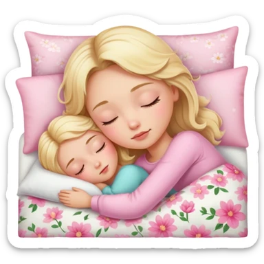 Blonde girl beautiful finish sleeping on her bed with pinky floral design  sticker