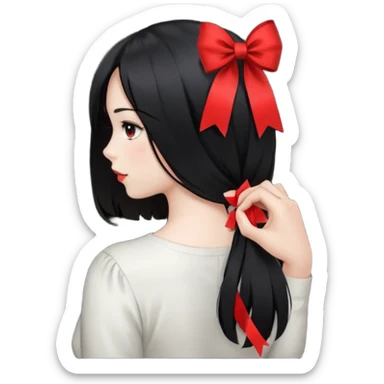 girl back view with single red ribbon in black hair sticker