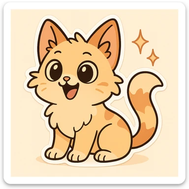 Make this joyful dog-cat mix look more like a cat, with fluffy fur, cat eyes, and a curled tail, keeping the open mouth smile and lively cartoon style. sticker
