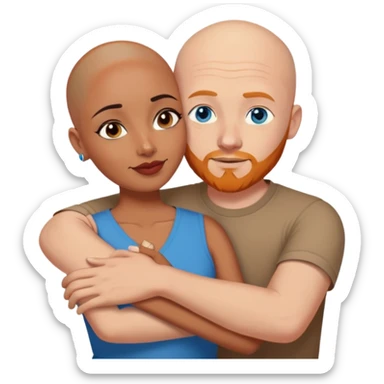 Bald white male with ginger beard and blue eyes hugging indian brown woman with short DARK black hair sticker