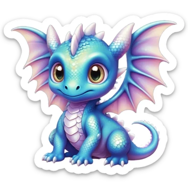 Airbrush painted image of an adorable little baby dragon with large glistening eyes under a deep galactic sky with pearlescent scales and wings spread against the stars sticker