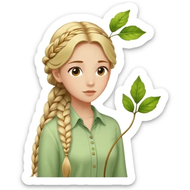  A girl with a long braid, a golden hairpin shaped like a leaf, and a light green blouse, breathing in the spring air. sticker