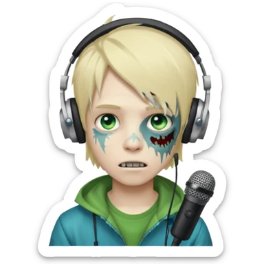 boy zombie whit blonde emo hair and eyes blue and green skin and heandphones and a microfone sticker
