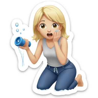 cartoonish blond woman kneeling, surprised expression, wide cartoonish stick with a D-shaped knob coming out of a pair of pants hanging in front of her face, water stream squirting from the flat side of the knob into her open mouth sticker