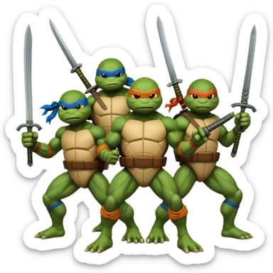 Give me a picture of 4 teenage mutant ninja turtles. Make them hold a fighting pose. sticker