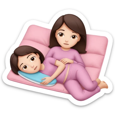  a brunette girl lying down on her side, holding a warm heating pad against her lower belly. She's uncomfortable and sad, her posture should show she’s having menstrual cramps. Use simple lines, rounded shapes, soft colors, and a clean emoji aesthetic. Make it expressive but still adorable sticker