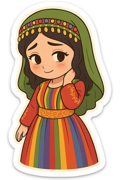 Cartoon sticker of a Kurdish woman wearing traditional colorful and cheerful Kurdish female clothing, face showing a shy expression, one hand behind the neck, head down (matching the reference pose), no shadow or color halo around the image, no text, suitable for WhatsApp and Instagram, with a completely transparent background. sticker