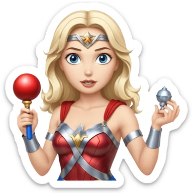 Blonde blue eyes Wonder Woman holding bell and short, thin, white baton sticker