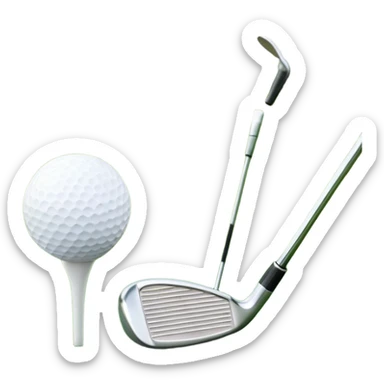 A golf ball on a tee with a golf club placed beside it, set against the backdrop of a well-manicured green golf course. The scene emphasizes the equipment and serene atmosphere of the sport, with soft lighting and a peaceful, open landscape sticker